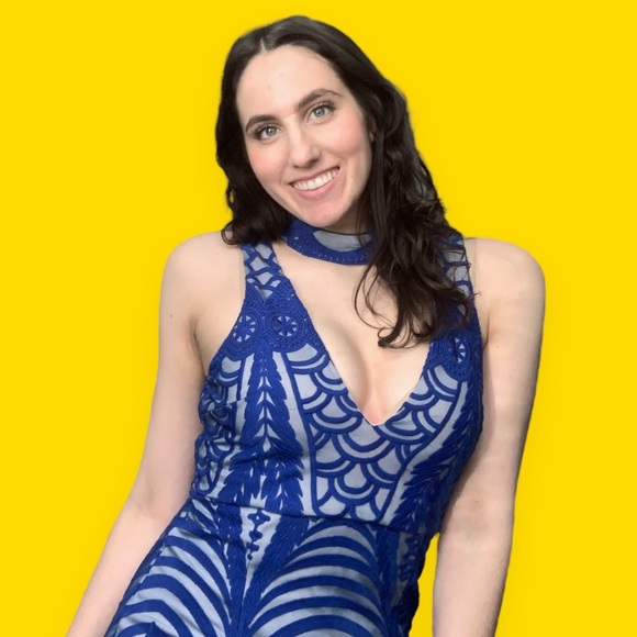 Love Triangle Allover Lace Mini Dress With Choker Detail 10 Cobalt Blue Cutout - Picture 5 of 6